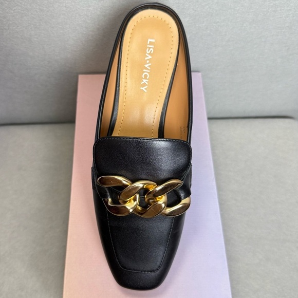 Lisa Vicky Women’s Nappa Loafer Mule Chain-Link Detail Zippy-V Black Sheep 7M - Picture 5 of 8